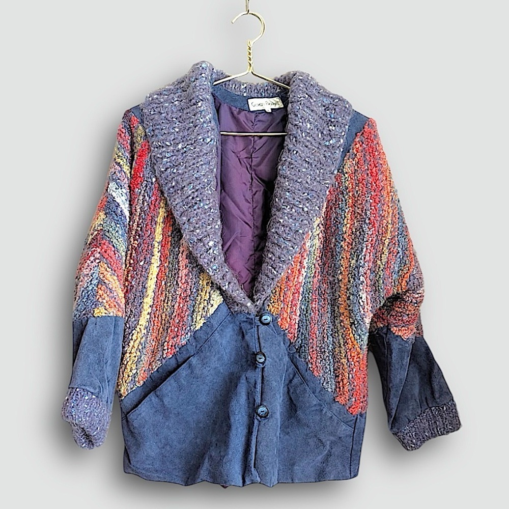 Vintage Multicolor Knit & Suede Shawl Collar Jacket - Purple